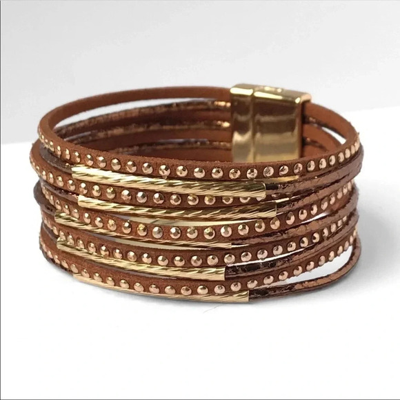 Brown Gold Multi Strand Magnetic Leather Wrap Bracelet - Picture 3 of 4